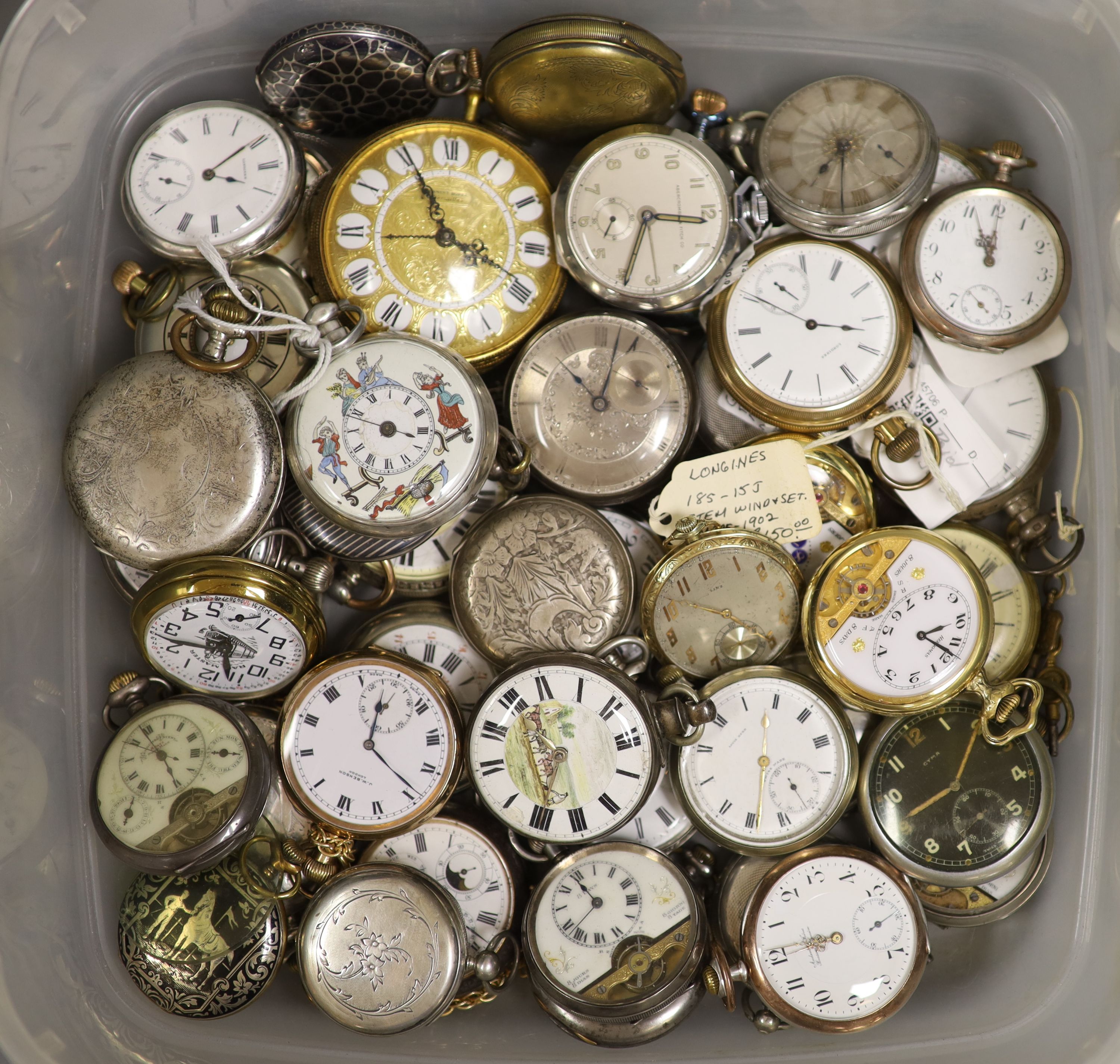 A collection of assorted mainly white or base metal pocket watches, some a.f. including Cyma and Hebdomas and a part silver pair cased pocket watch by Tanner of Lewes.